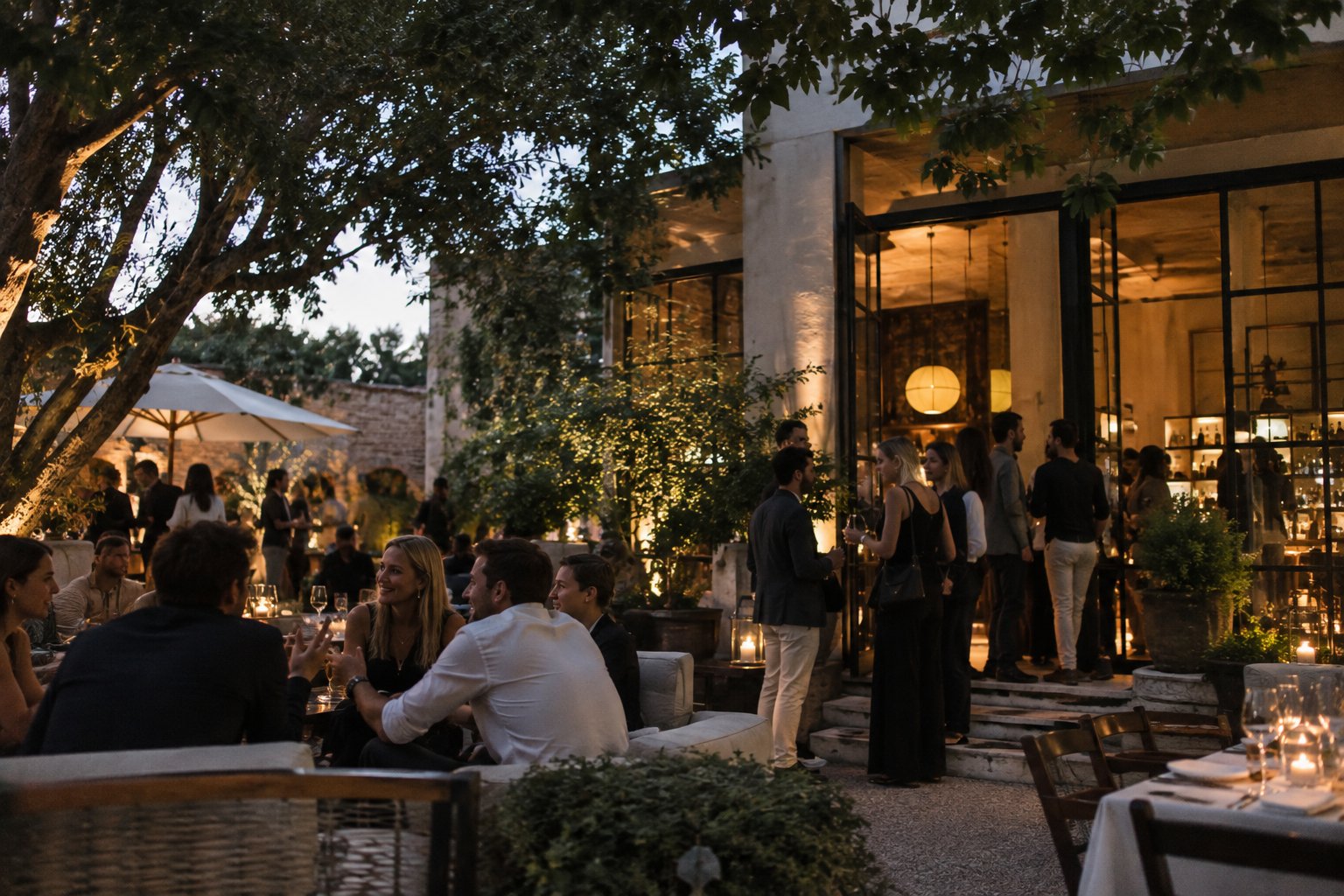 An evening courtyard gathering